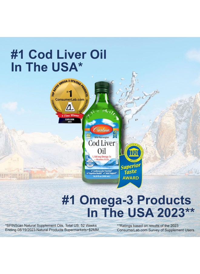 Carlson - Cod Liver Oil, 1100 mg Omega-3s, Wild-Caught Norwegian Arctic Cod-Liver Oil, Sustainably Sourced Nordic Fish Oil Liquid, Unflavored, 500 ml (16.9 Fl Oz)