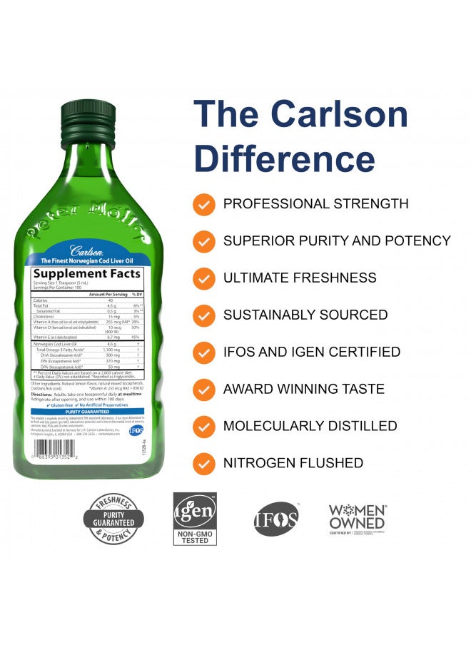 Carlson - Cod Liver Oil, 1100 mg Omega-3s, Wild-Caught Norwegian Arctic Cod-Liver Oil, Sustainably Sourced Nordic Fish Oil Liquid, Unflavored, 500 ml (16.9 Fl Oz)