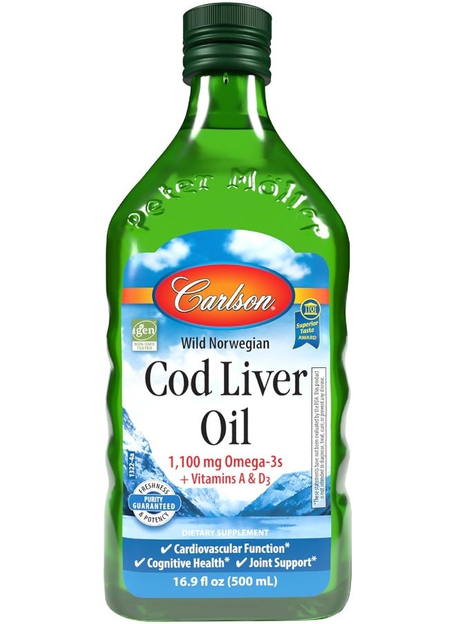 Carlson - Cod Liver Oil, 1100 mg Omega-3s, Wild-Caught Norwegian Arctic Cod-Liver Oil, Sustainably Sourced Nordic Fish Oil Liquid, Unflavored, 500 ml (16.9 Fl Oz)