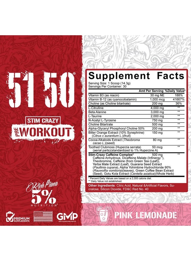 5% Nutrition Rich Piana 5150 High Stim Pre-Workout Powder | Extreme Energy, Focus, Pumps & Endurance | 400 mg Caffeine, Citrulline, Beta Alanine, N-Acetyl L-Tyrosine | 30 Srvgs (Pink Lemonade)