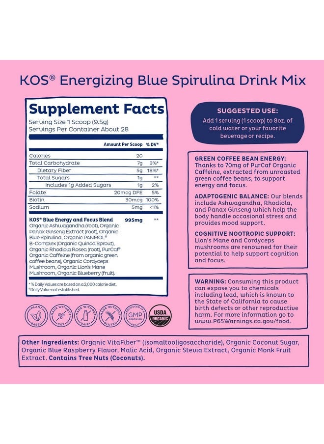 KOS Energizing Blue Spirulina Blend - USDA Certified Organic - B Vitamins, Ashwagandha, Ginseng, Adaptogens, Biotin - Vegan Pre Workout Powder - Caffeinated, Berry Flavored, 28 Servings