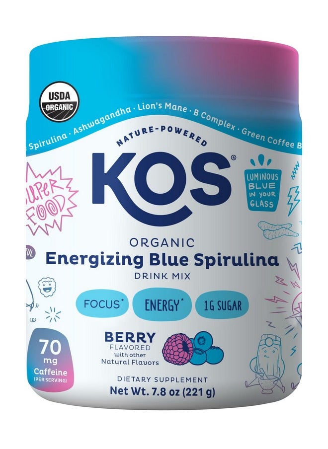 KOS Energizing Blue Spirulina Blend - USDA Certified Organic - B Vitamins, Ashwagandha, Ginseng, Adaptogens, Biotin - Vegan Pre Workout Powder - Caffeinated, Berry Flavored, 28 Servings