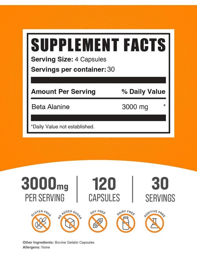 BulkSupplements.com Beta Alanine Capsules - Beta Alanine Supplement, Beta Alanine Pills, Beta Alanine 3000mg - Gluten Free, 4 Capsules per Serving, 30-Day Supply, 120 Capsules