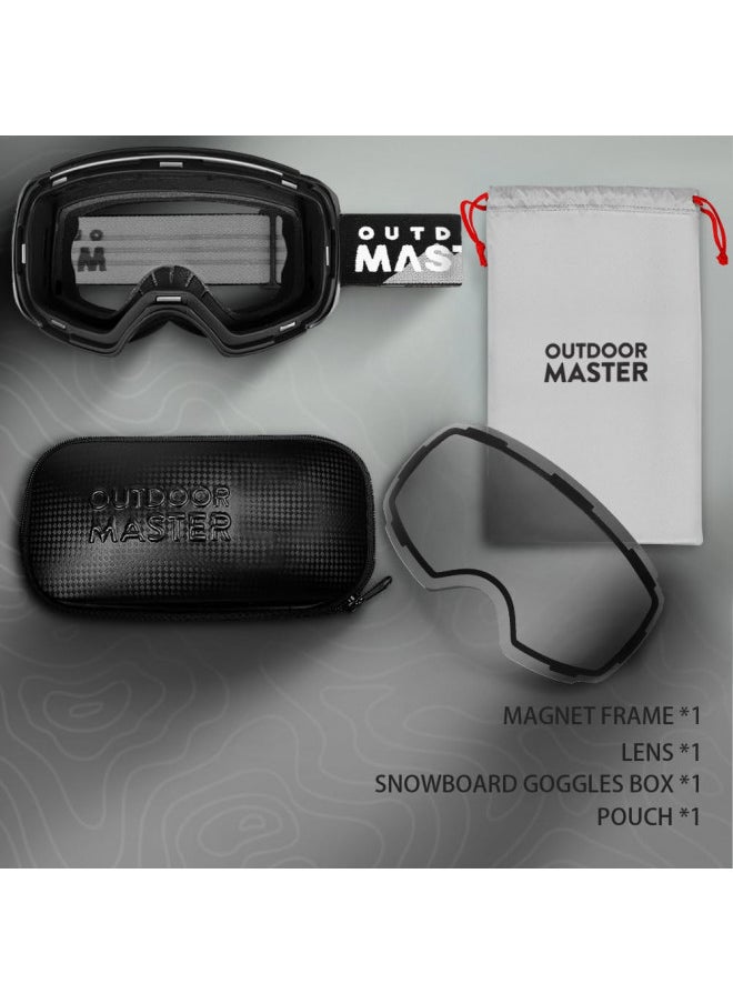 OutdoorMaster Ski Goggles PRO - Frameless, Interchangeable Lens 100% UV400 Protection Snow Goggles for Men & Women (Black Frame VLT 99% Clear Lens and Free Protective Case)