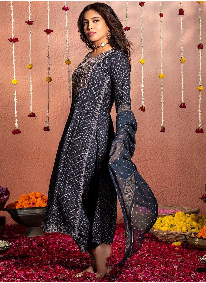 Women's Ethnic NAVY FLARED VISCOSE RAYON Kurta Set w dupatta