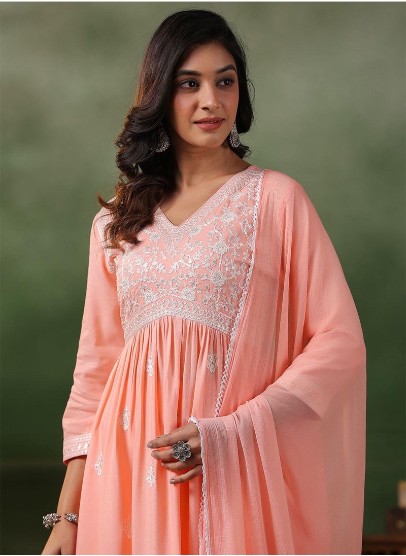 Women Peach Rayon Kurta set with Dupatta