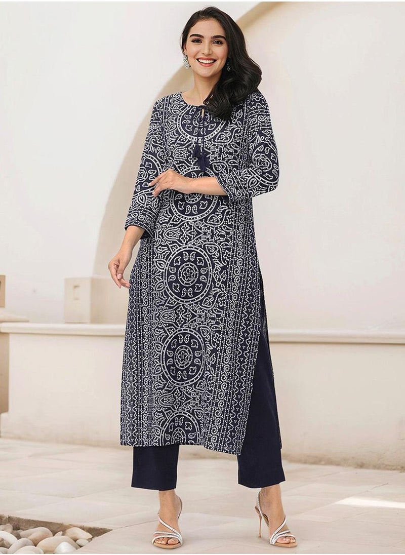 Women Navy Blue Cotton Kurta Sets 2pcs sets