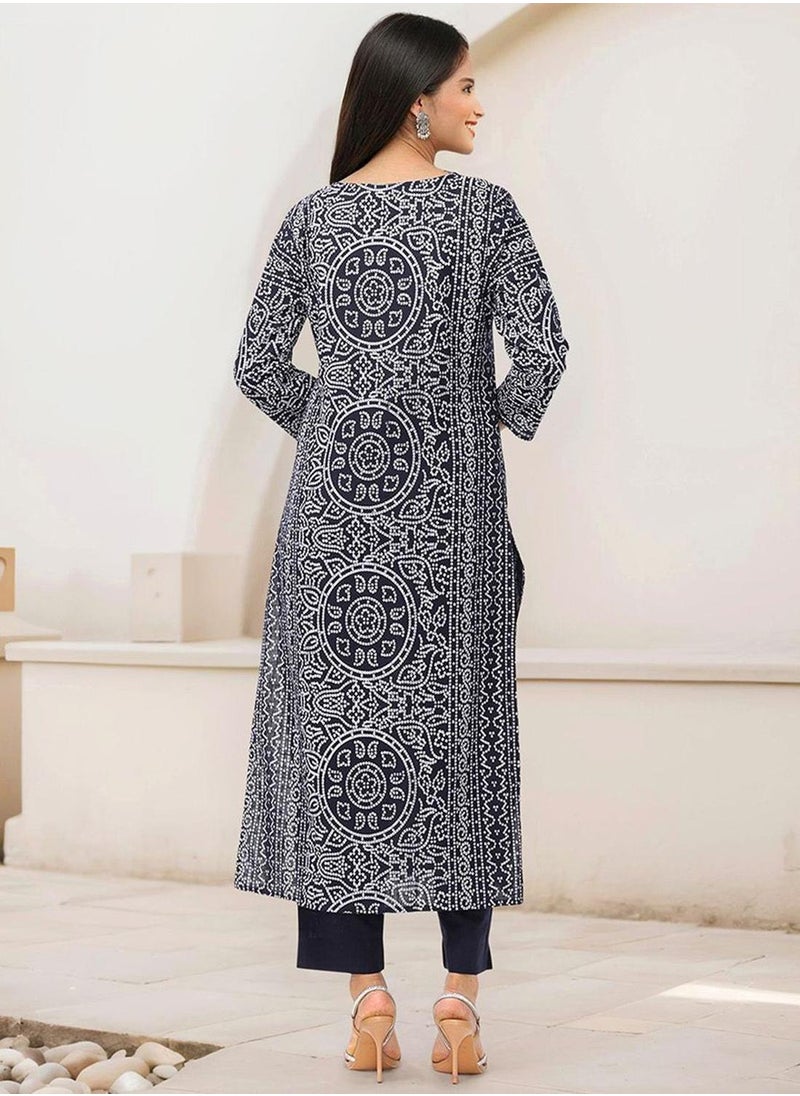 Women Navy Blue Cotton Kurta Sets 2pcs sets