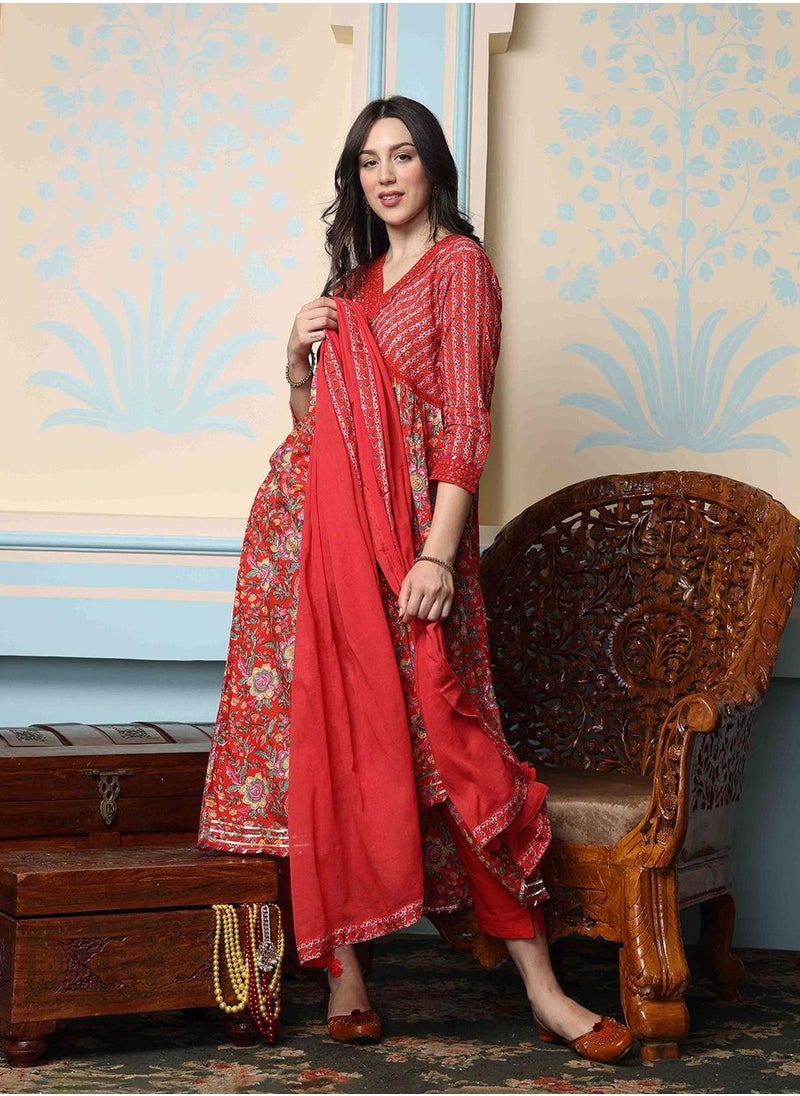 Women Red Cotton 60x60 Kurta Set with Duppatta