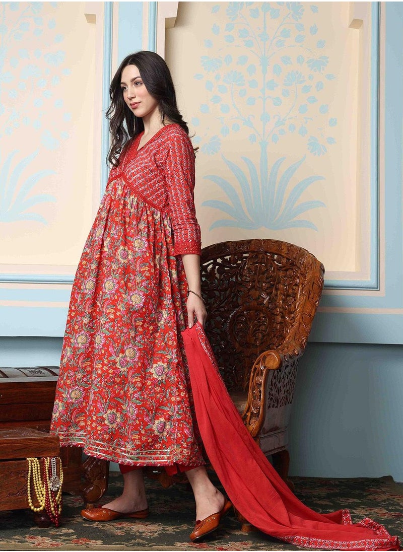 Women Red Cotton 60x60 Kurta Set with Duppatta