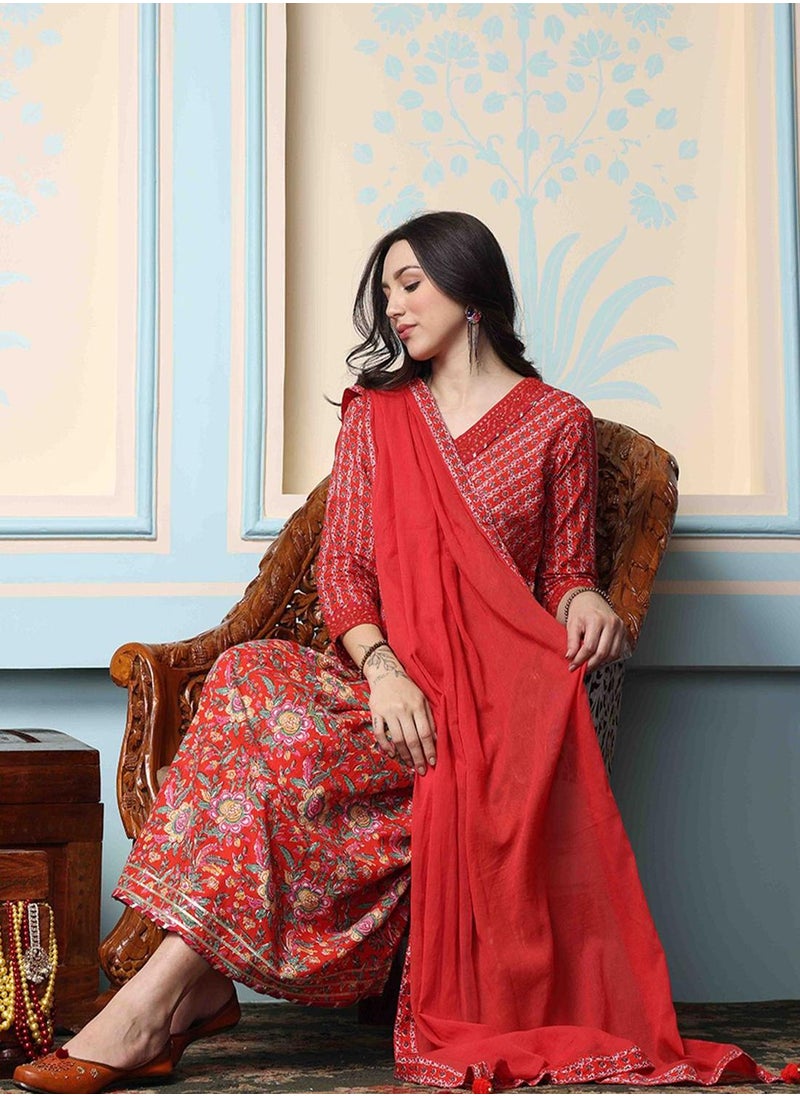 Women Red Cotton 60x60 Kurta Set with Duppatta