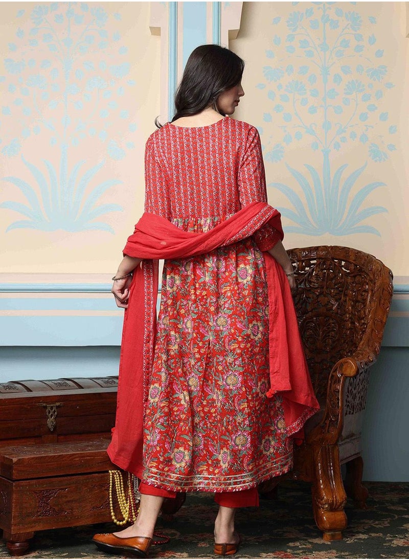 Women Red Cotton 60x60 Kurta Set with Duppatta