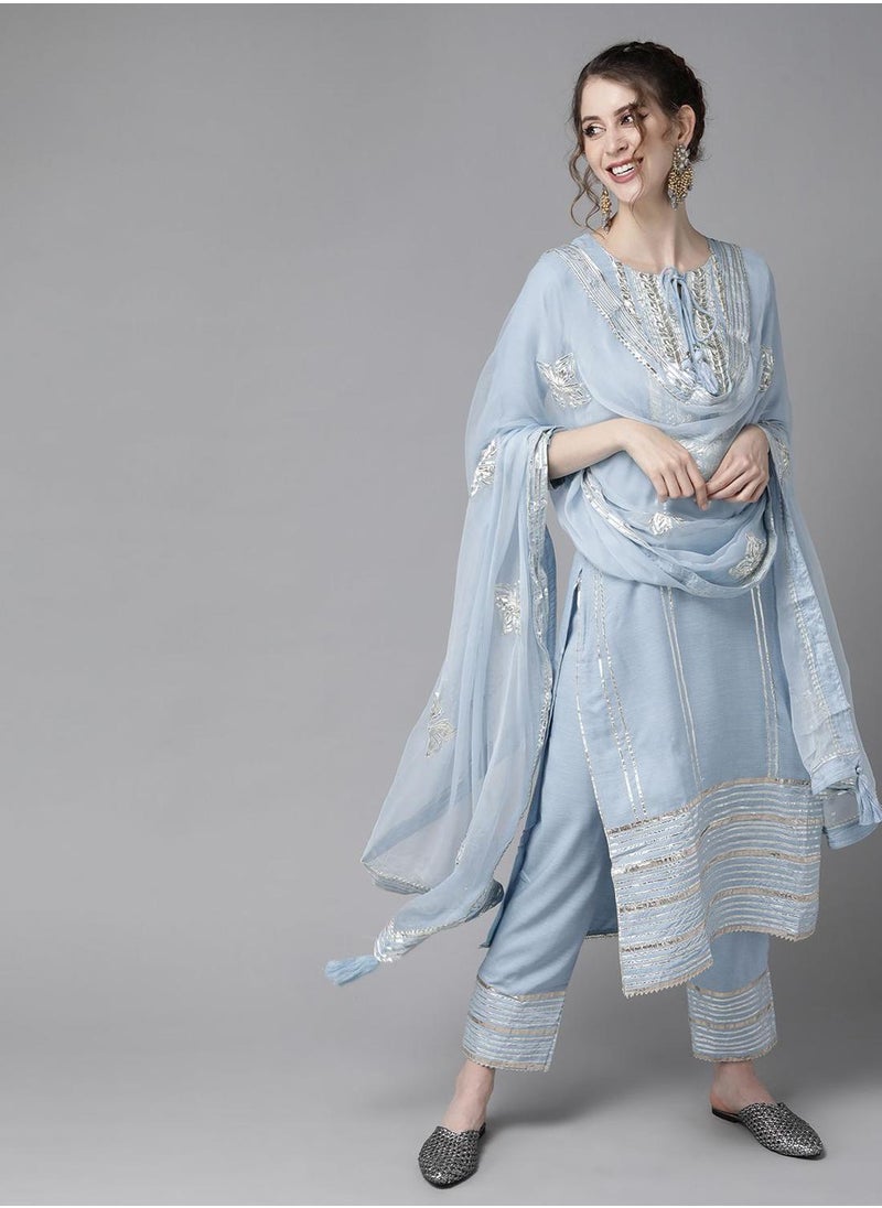 Women Blue Silver Pure Silk Striped Kurta Set with Gotta Patti Detail