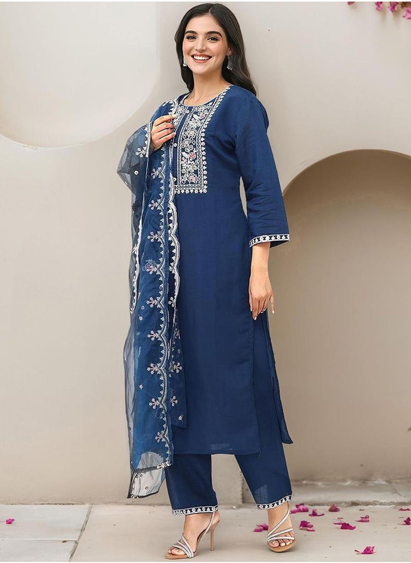 Women BLUE MODAL CHANDERI 3 pcs Kurta Set