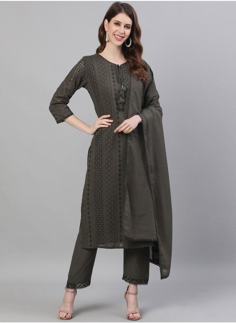 Women Olive Green Self Design Kurta with Trousers Dupatta