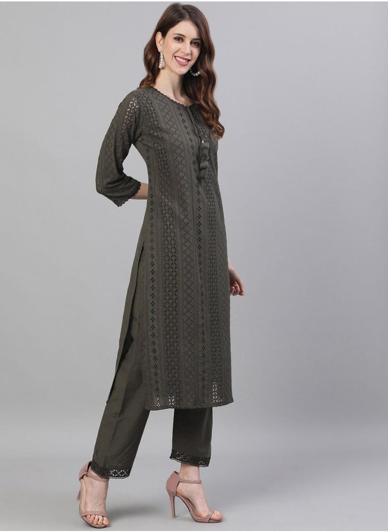 Women Olive Green Self Design Kurta with Trousers Dupatta