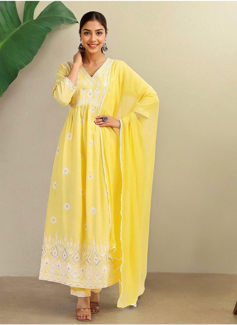 Women Yellow Rayon Kurta set with Dupatta