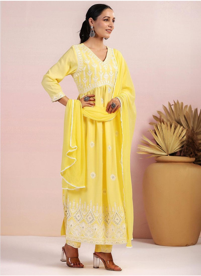 Women Yellow Rayon Kurta set with Dupatta