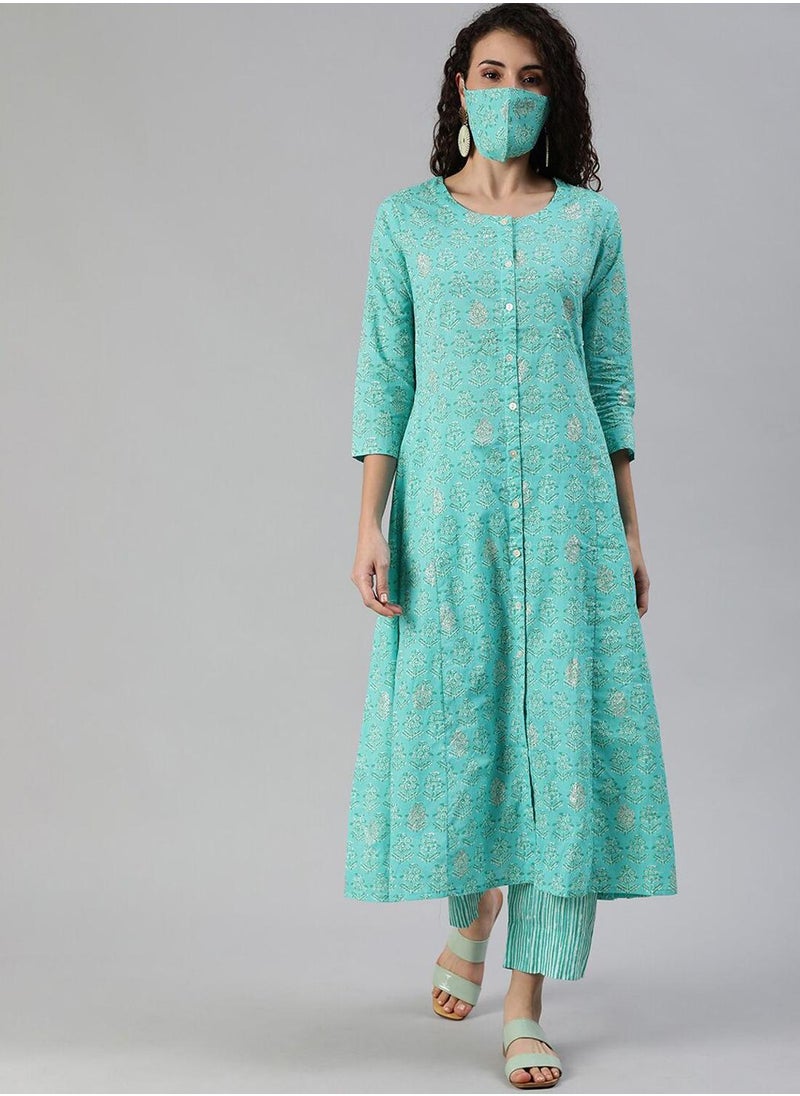 Women Turquoise Blue White Printed Sequinned A-line Kurta Set