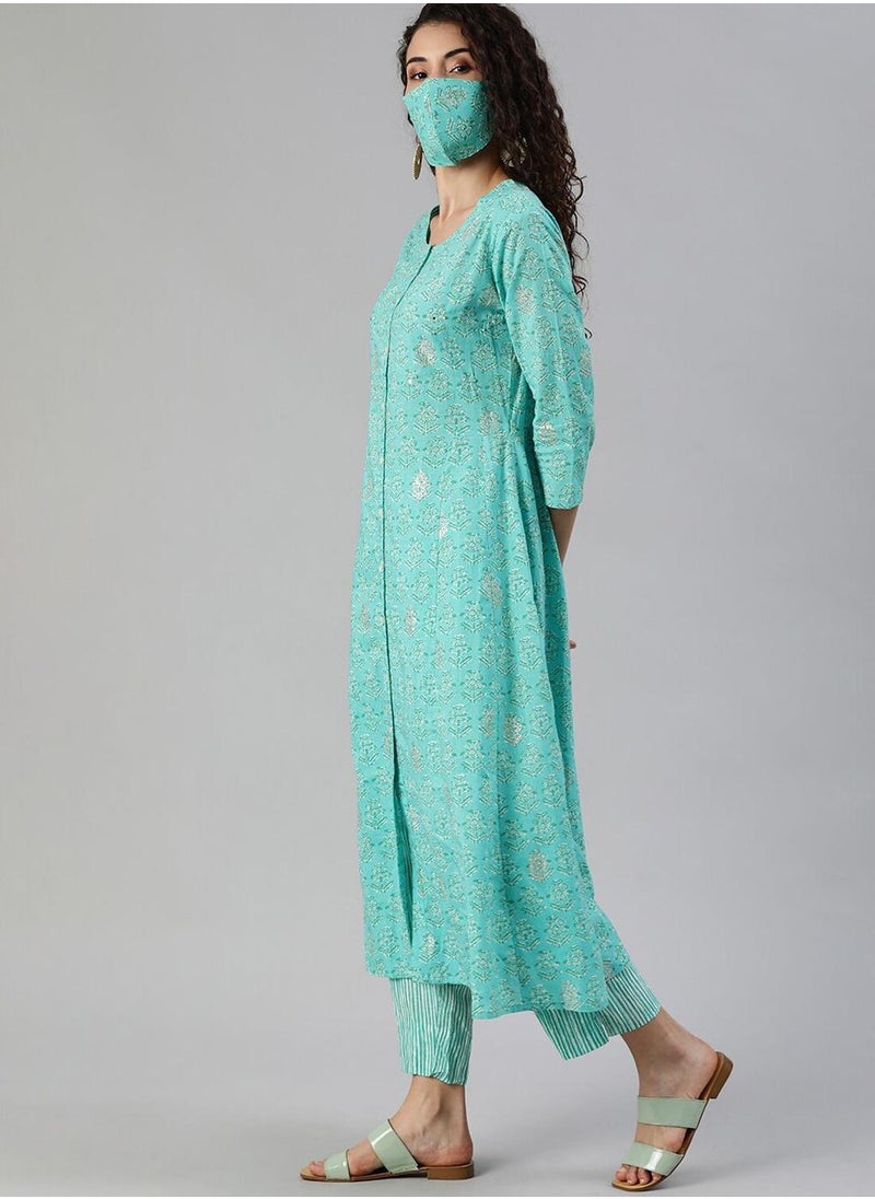 Women Turquoise Blue White Printed Sequinned A-line Kurta Set