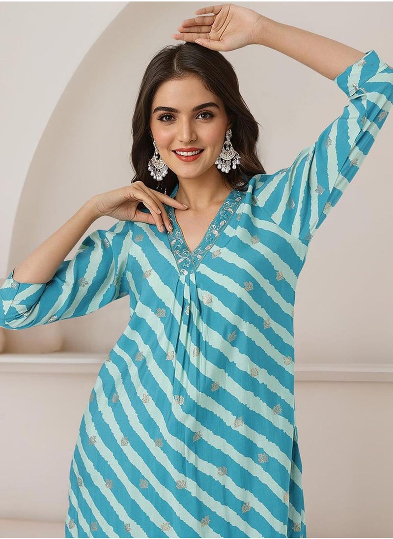 Women Turquoise Modal Silk Kurta Sets 2pcs sets