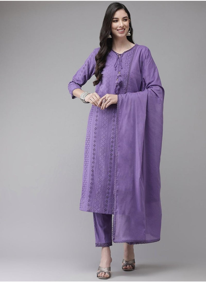 Women Lavender Regular Pure Cotton Kurta with Trousers & With Dupatta