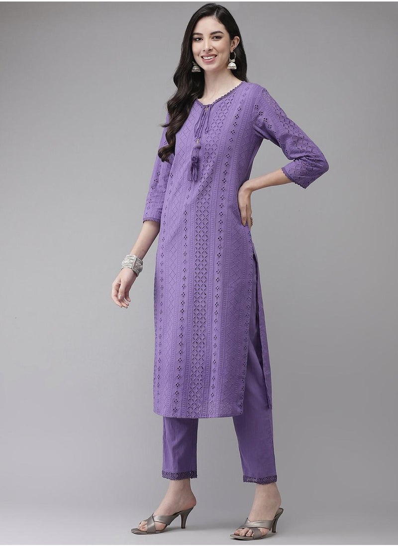 Women Lavender Regular Pure Cotton Kurta with Trousers & With Dupatta