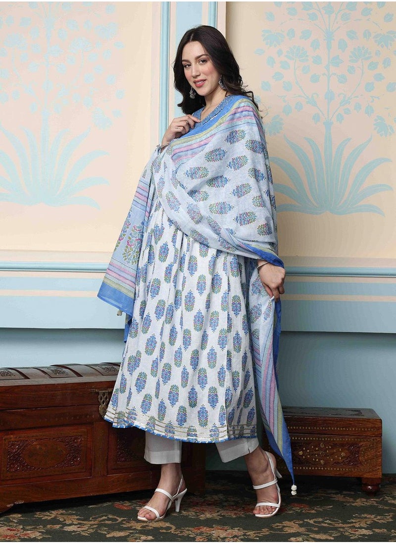 Women Blue Cotton 60x60 Kurta Set with Duppatta