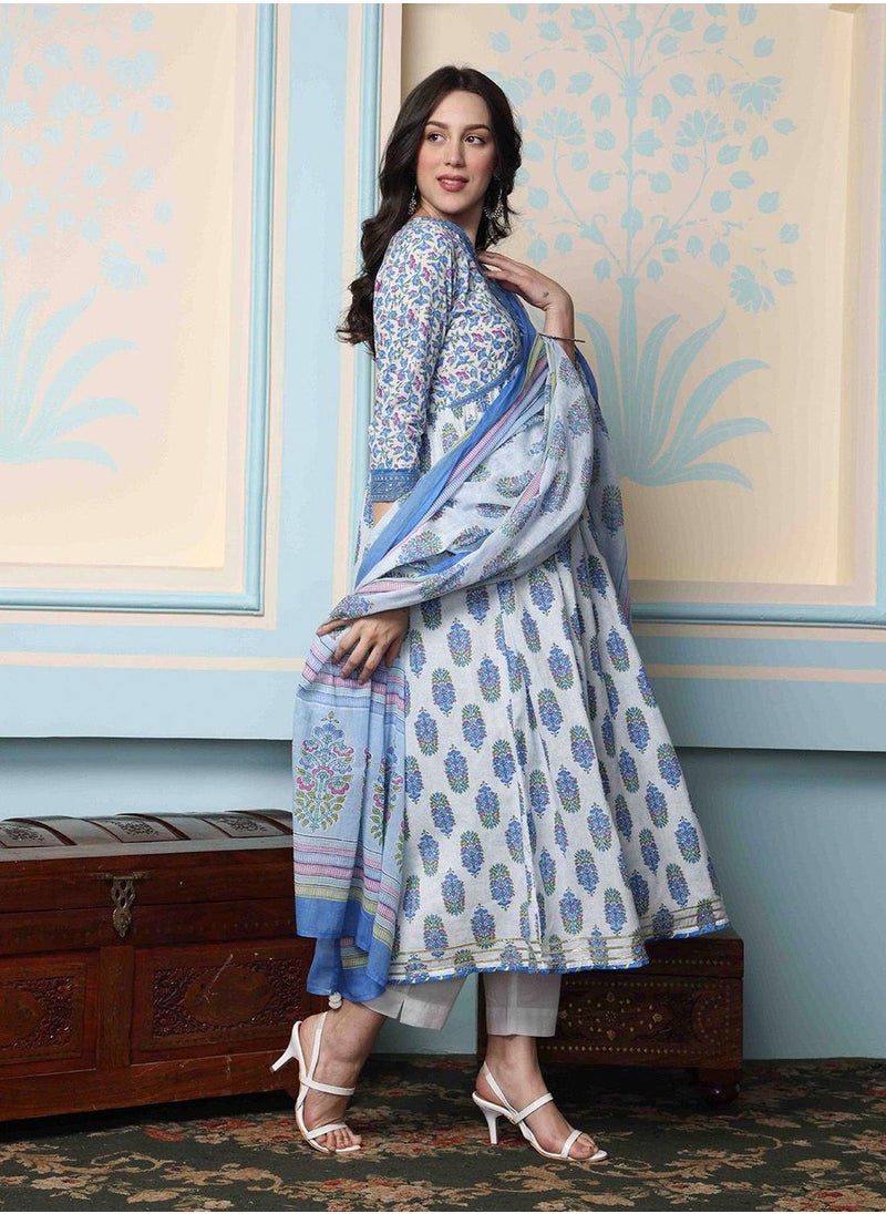 Women Blue Cotton 60x60 Kurta Set with Duppatta