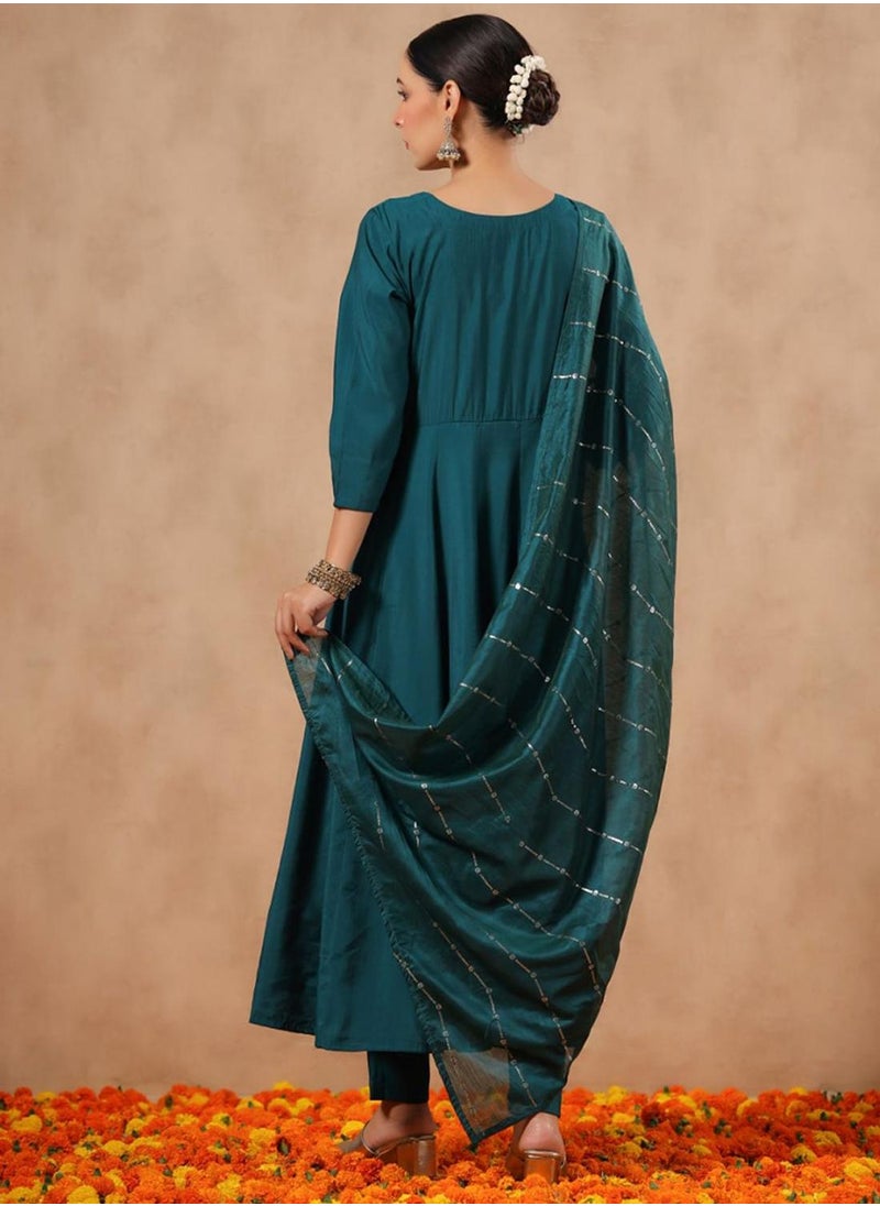 Women's Ethnic GREEN STRAIGHT POLY SILK Kurta Set w Dupatta