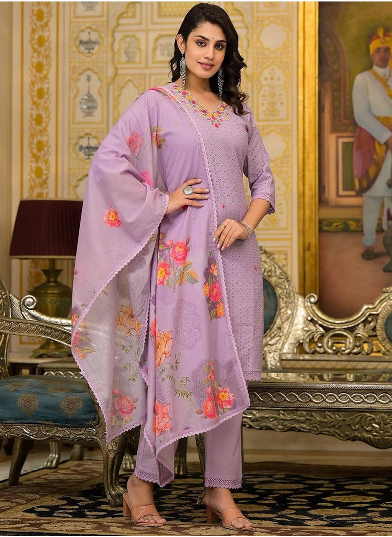 Women Lilac Cotton Cambric Schiffli Kurta set with Dupatta