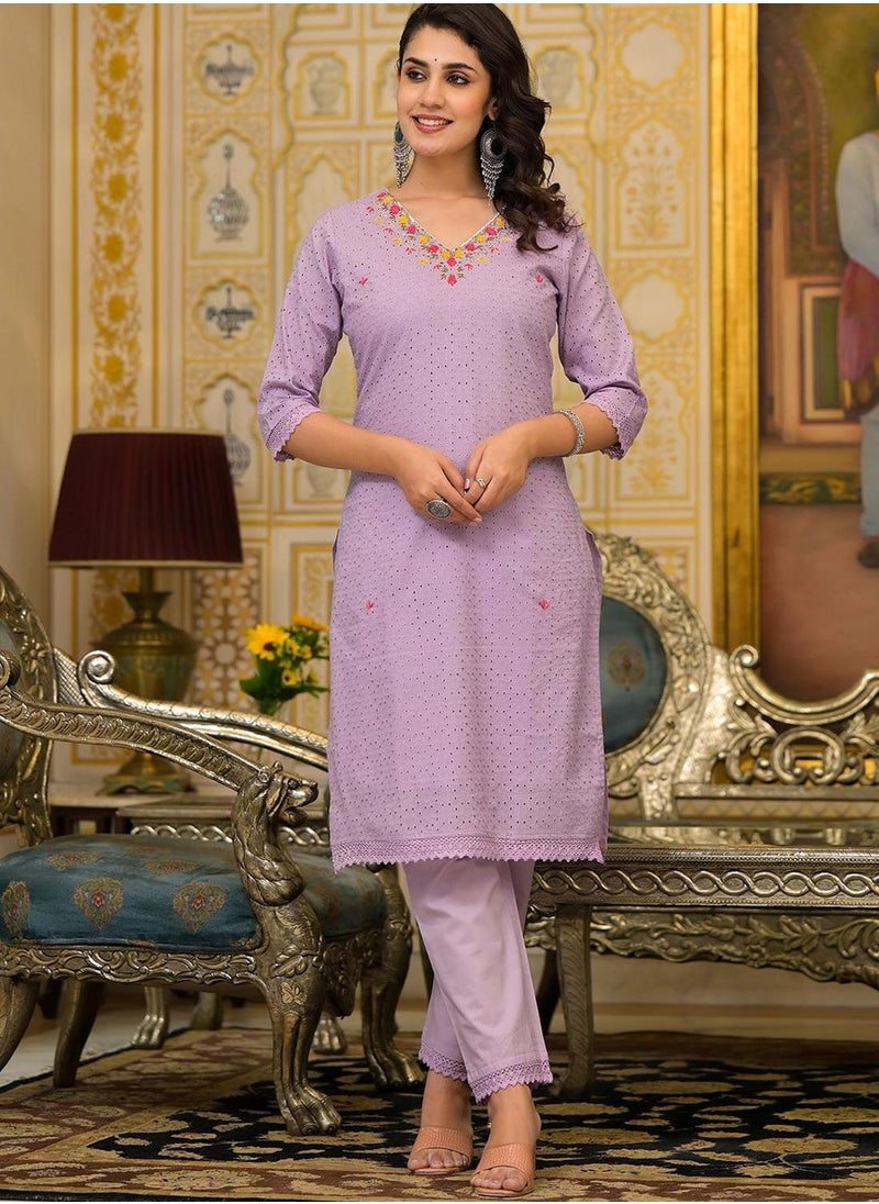 Women Lilac Cotton Cambric Schiffli Kurta set with Dupatta