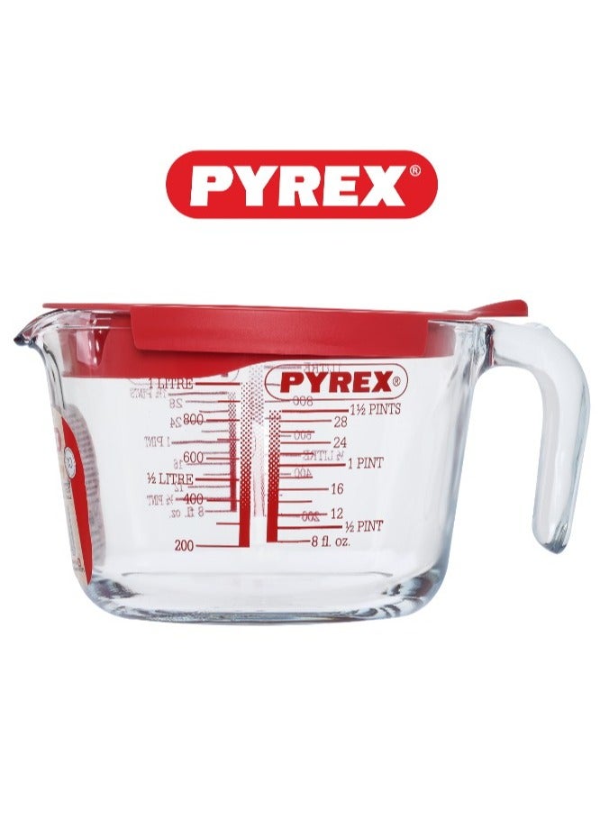 Pyrex Measuring Jug 1L with Red Lid - Durable & Versatile Kitchen Tool Clear