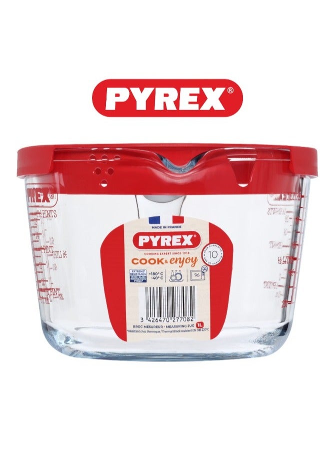 Pyrex Measuring Jug 1L with Red Lid - Durable & Versatile Kitchen Tool Clear