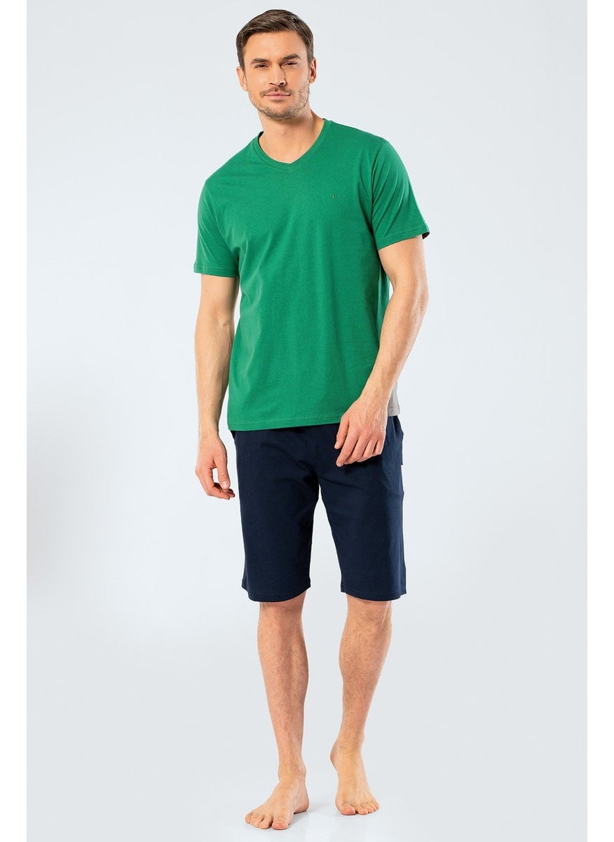 2206 Green Men's Embroidered V-Neck Bermuda Shorts Set