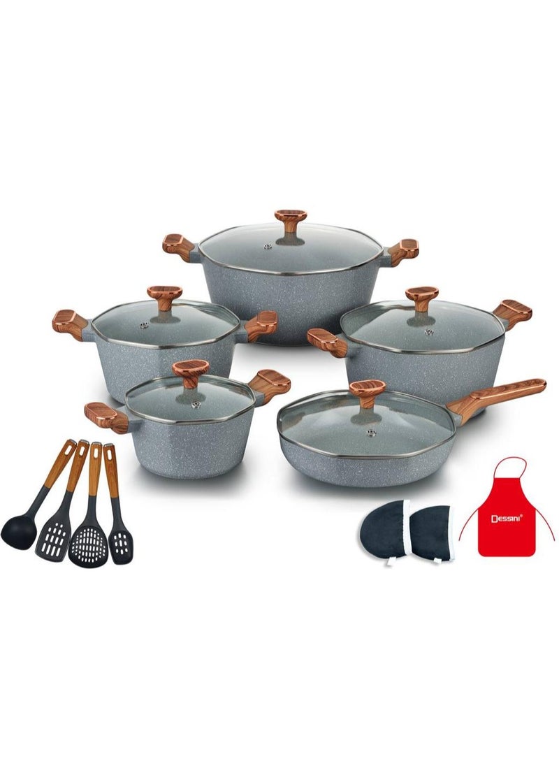 Dessini 17-Piece Non Stick Super Granite Cookware Set - (Multicolour)