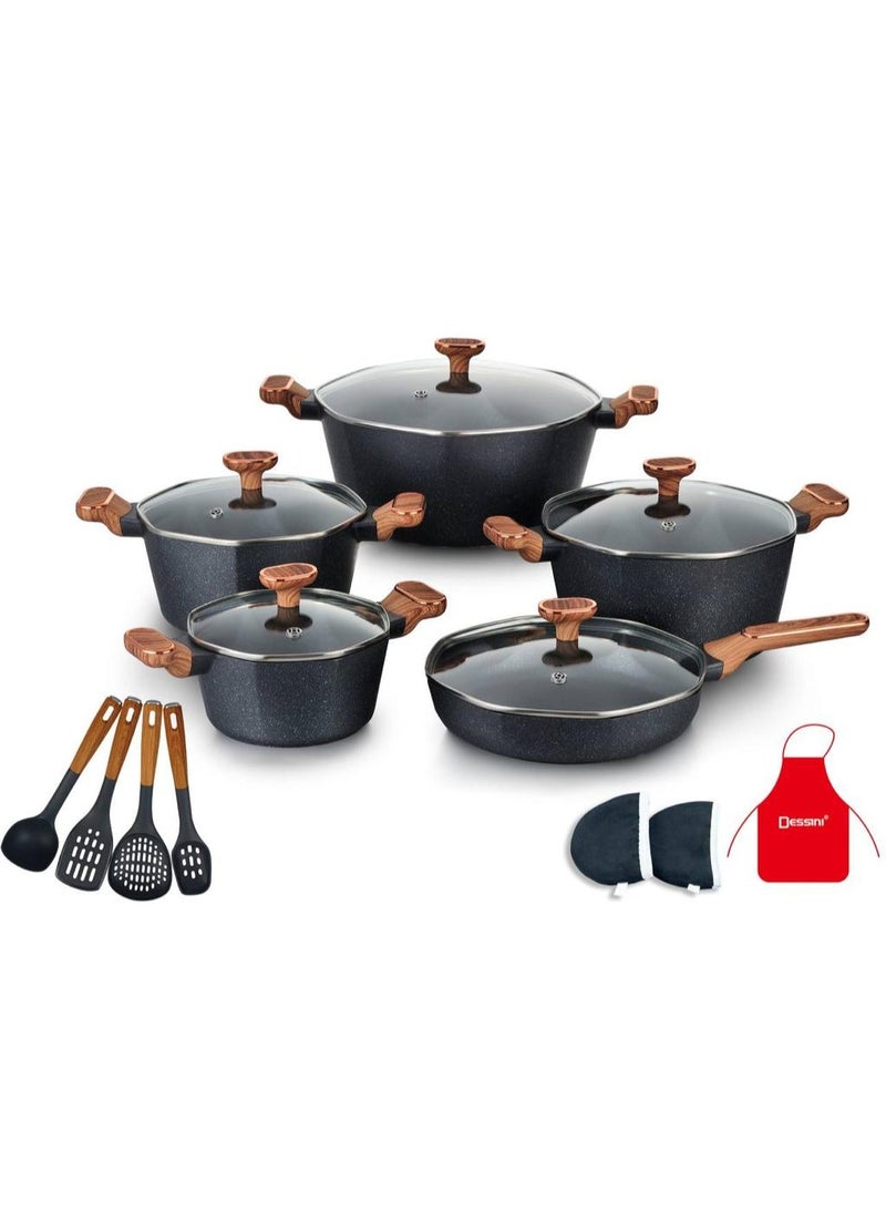 Dessini 17-Piece Non Stick Super Granite Cookware Set - (Multicolour)