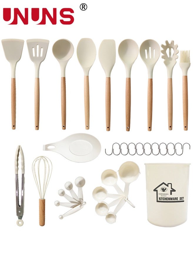 Kitchen Utensils Set,33pcs Non-Stick Silicone Cooking Utensils Set,Heat-Resistant Silicone,Wooden Utensils For Cooking,Kitchen Gadgets Spatula Set,Apartment Essentials Kitchen Set