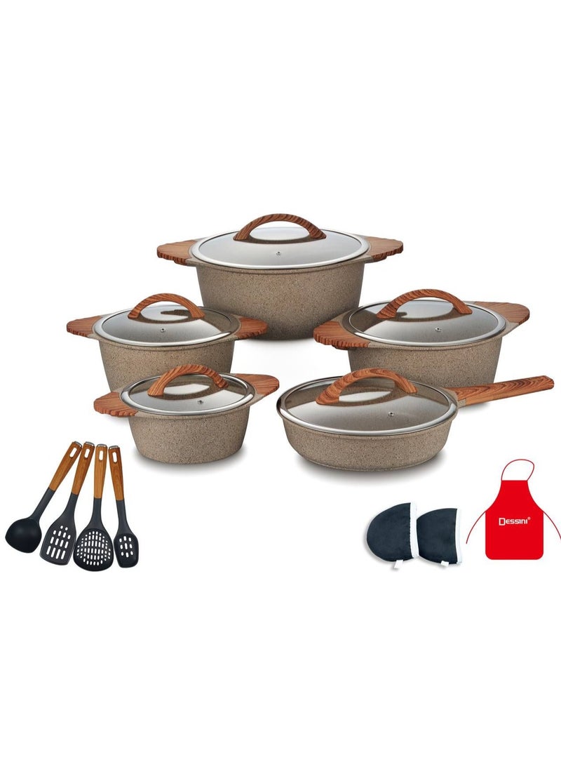 Dessini 17-Piece Non Stick Super Granite Cookware Set - (Multicolour)