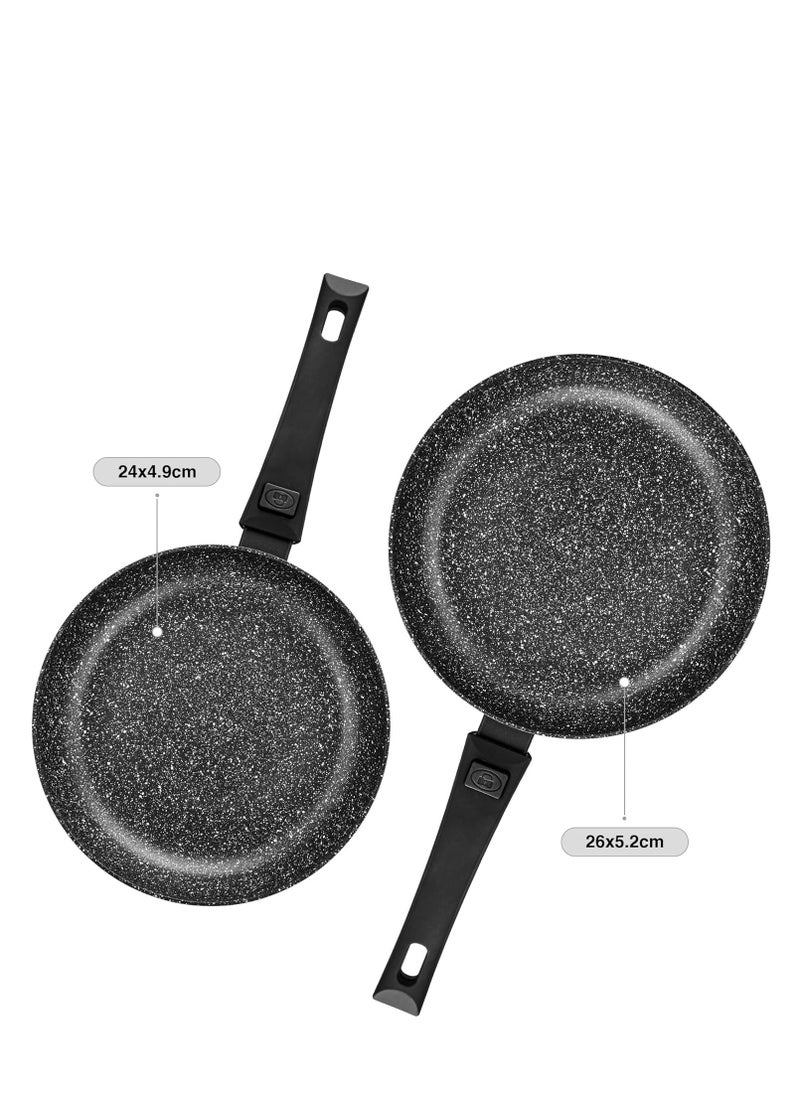 2-Piece Non Stick Frying Pan 24cm x 26cm Detachable Handle, Aluminum Ceramic Coating Frypan Fiore Series with Induction Bottom And Ergonomic Bakelite Handle