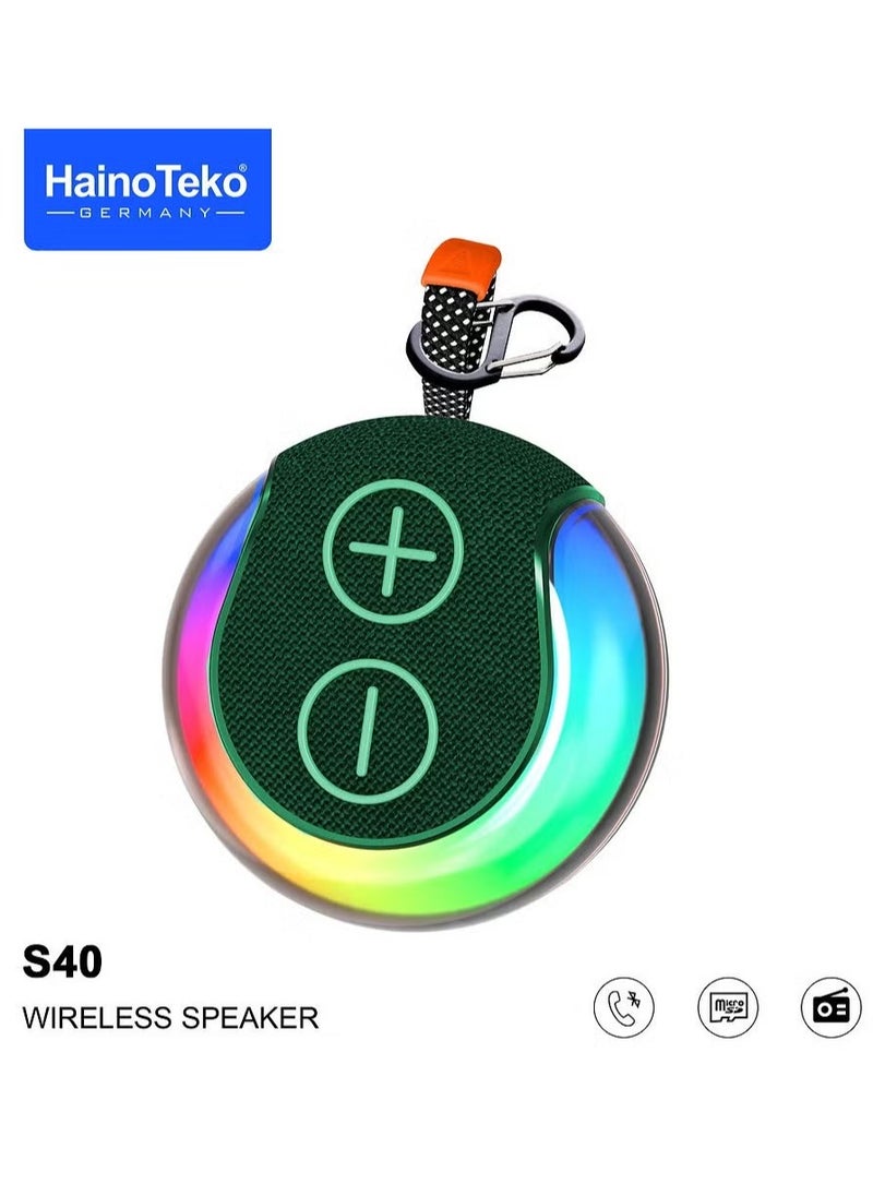 S40 Portable Wireless Bluetooth Speaker with HiFi Sound Quality, Button Control, and RGB Lighting – Compact Green Bluetooth Speaker for Music, Parties, and Outdoor Adventures