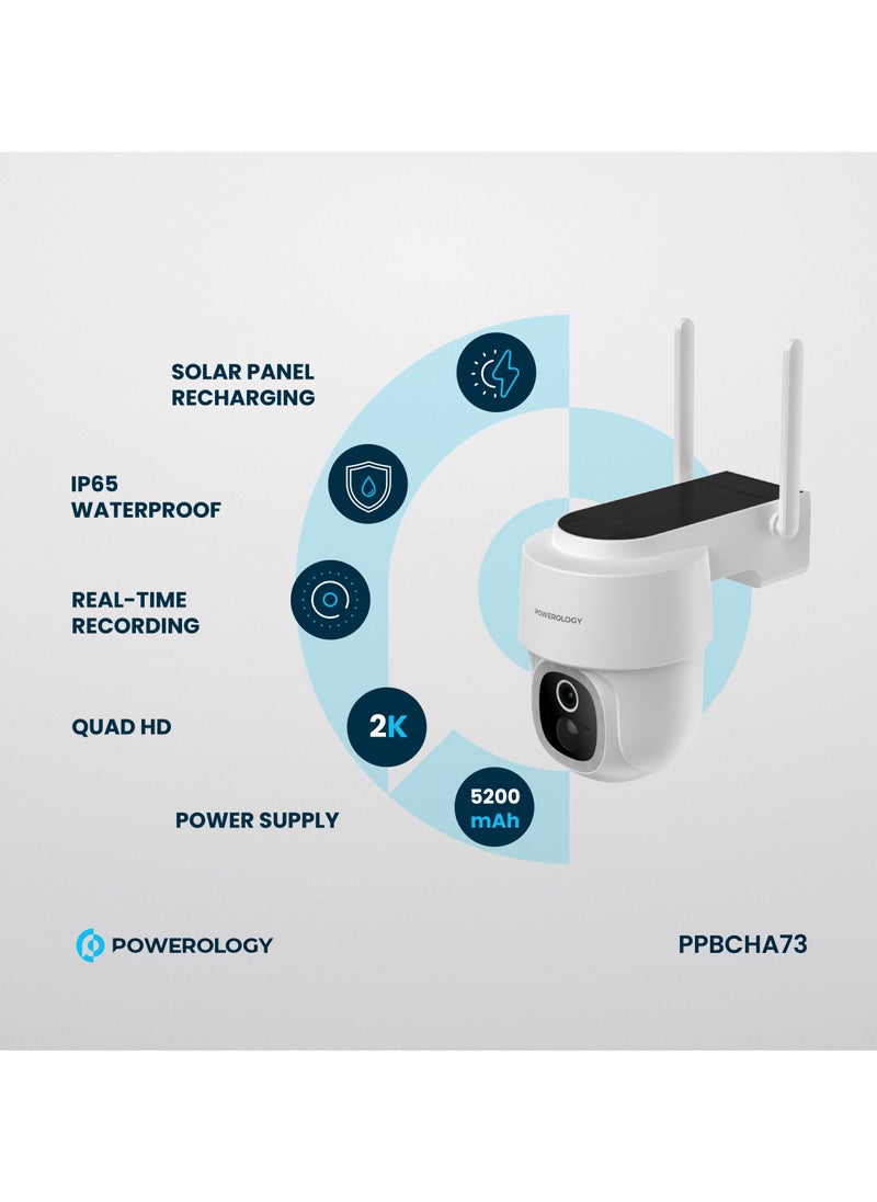 Built-in Solar Pan & Tilt Outdoor Camera 256GB 5200 mAh / IR Night Vision / Two-Way Audio / Motion Detection / 2K Quad HD / 10Meter Infrared Recording Distance / Type-C Charging Input / Dust Resistance - White