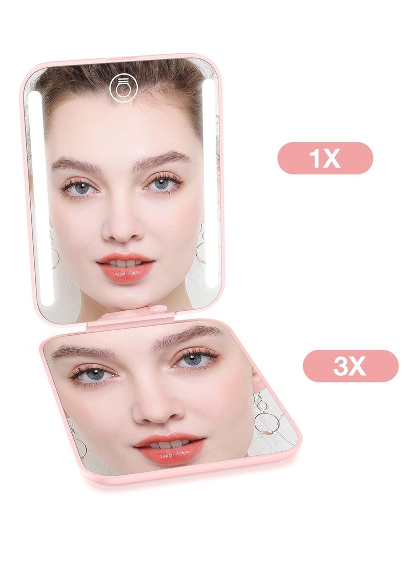 Kintion Rechargeable Pocket Mirror, Double Sided 1X/3X Magnification Compact Vanity Mirror, 3 Color Lights, Dimmable, Small Portable Wallet Mirror, Lighted Travel Mirror for Women Gifts, Pink