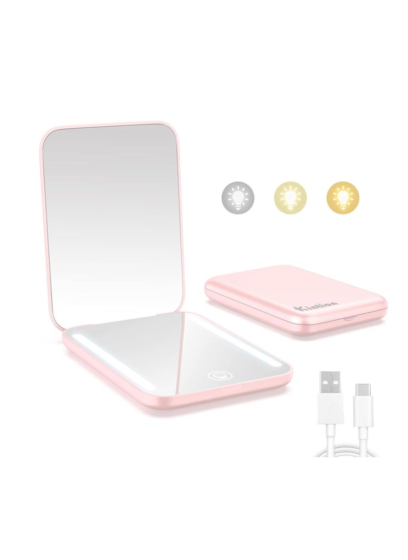 Kintion Rechargeable Pocket Mirror, Double Sided 1X/3X Magnification Compact Vanity Mirror, 3 Color Lights, Dimmable, Small Portable Wallet Mirror, Lighted Travel Mirror for Women Gifts, Pink