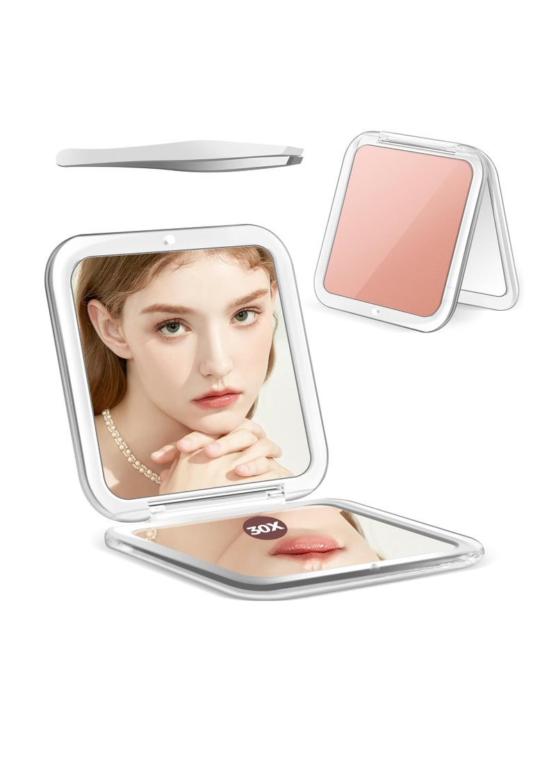 MIYADIVA Compact Mirror, 30X Magnifying Mirror, Pocket Mirror for Purse, Travel Makeup Mirror with 30X/1X Magnification, Travel Essentials Mirror, Precision Tweezers, Present for Girls