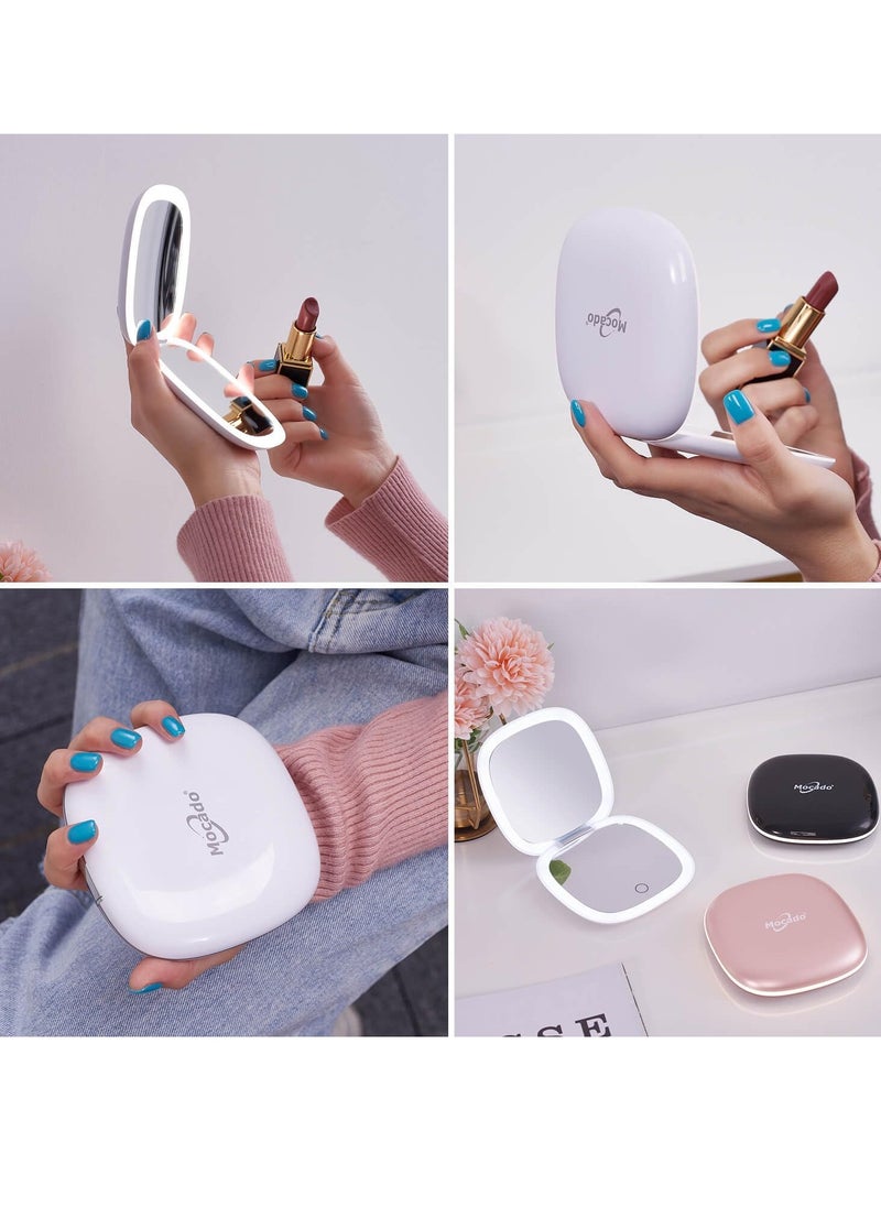 Compact LED Magnifying Travel Makeup-Mirror - 4 inches 1X/10X Magnification Small Hand Pocket Dimmable Double Sided USB Rechargeable Touch Screen, Portable Tabletop Cosmetic (White)