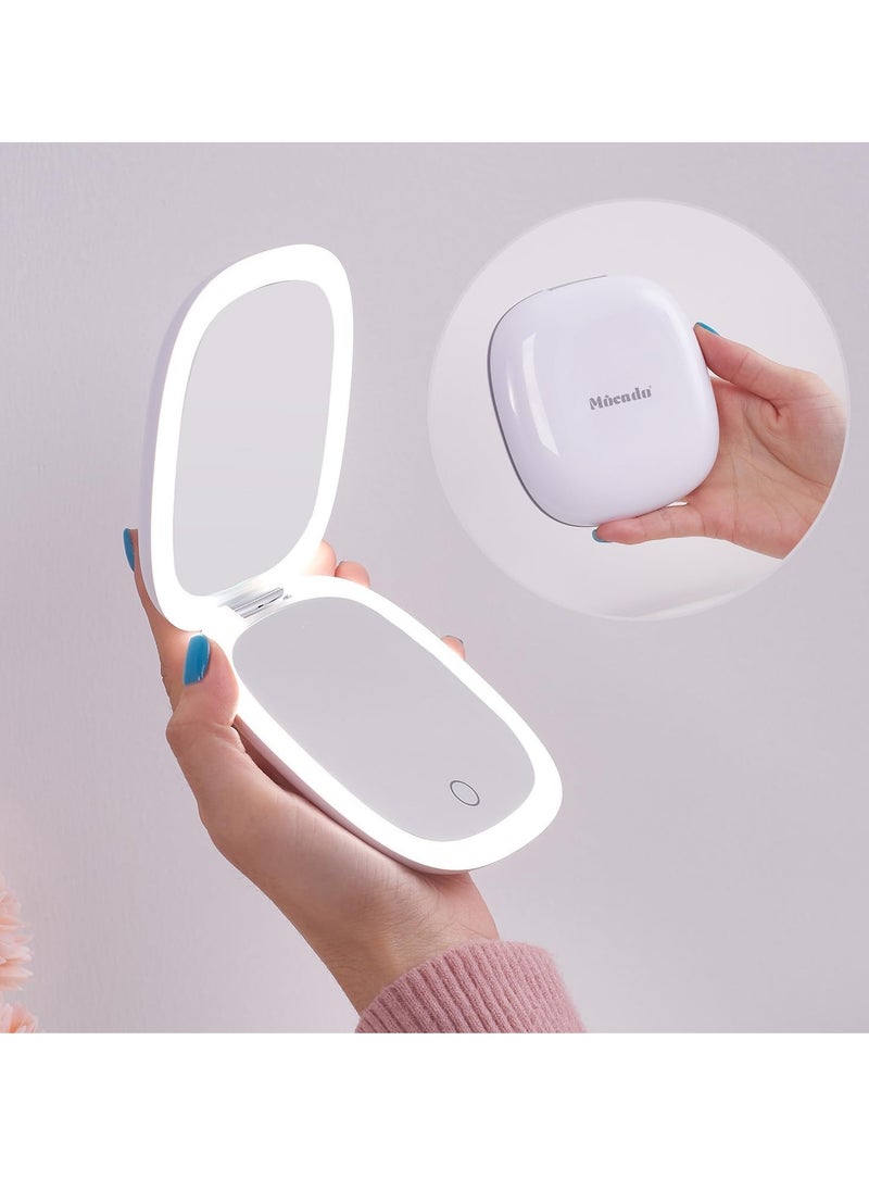 Compact LED Magnifying Travel Makeup-Mirror - 4 inches 1X/10X Magnification Small Hand Pocket Dimmable Double Sided USB Rechargeable Touch Screen, Portable Tabletop Cosmetic (White)