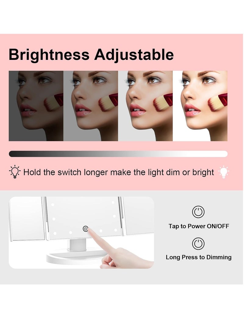 Vanity Mirror with Lights, Lighted Makeup Mirror with 2X 3X 10X Magnification, 21 LED Trifold Compact Touch Dimming Light Up Mirror, Dual Power Supply, Gifts for Women (White)