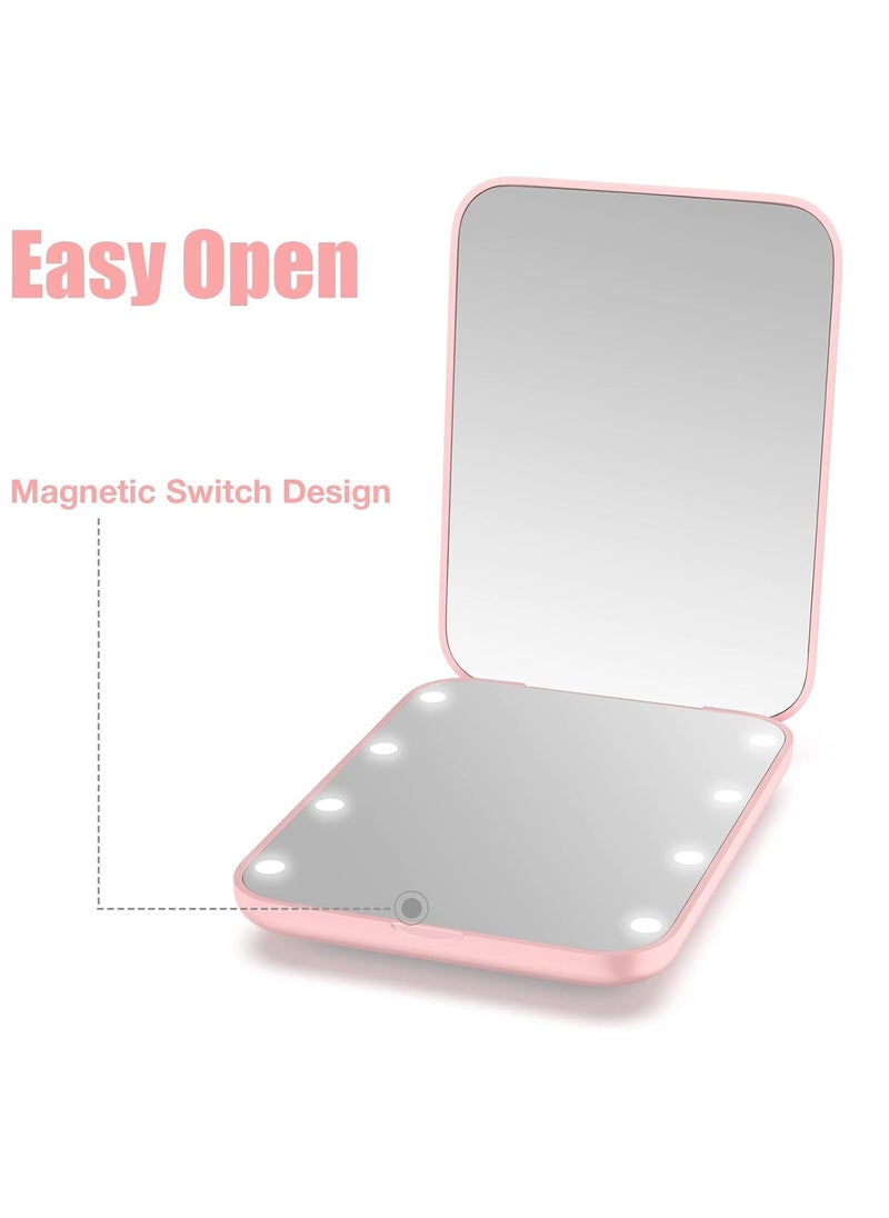 wobsion Small Mirror with Lights,LED Compact Makeup Mirror,1x/3x Mini Travel Mirror with Magnification,Portable Hand Held Mirror for Purse,Pocket,Gifts for Girls,Pink