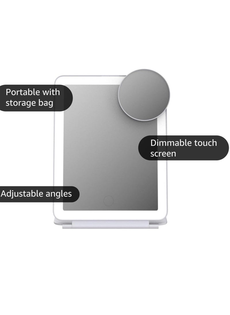 LED Foldable Travel Makeup Mirror - 5x7 inches 3 Colors Light Modes USB Rechargeable Touch Screen, Portable Tabletop Cosmetic Mirror for Travel, Cosmetic, Office (White)